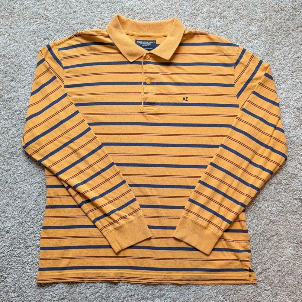 American Eagle Striped Polo Shirt Mens Large Yellow Long Sleeve Cotton AE Logo